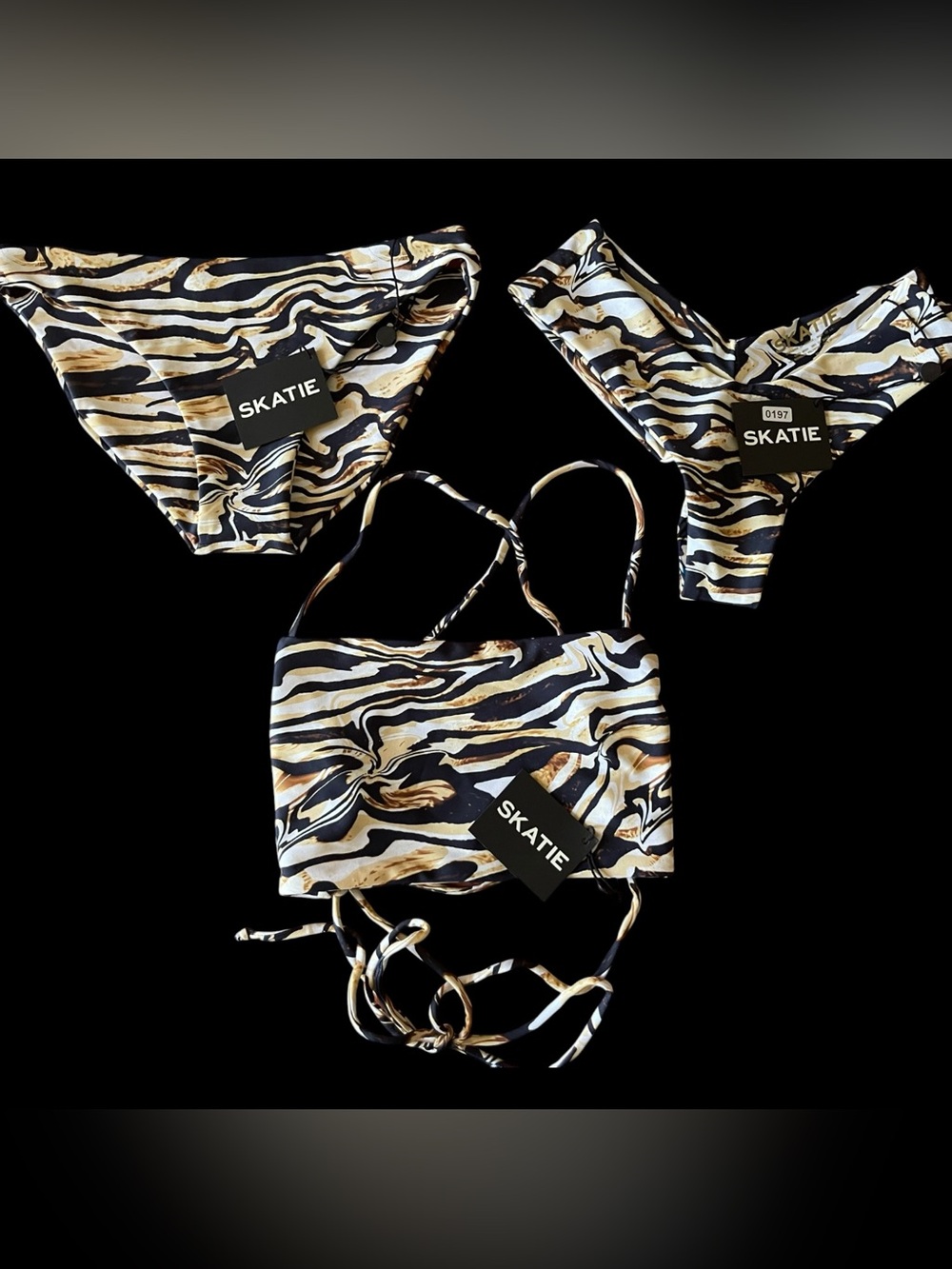 NWT Skatie Bandeau Bikini Top with Cheryl & Mandi Bottoms XS Zebra Marble Swim
